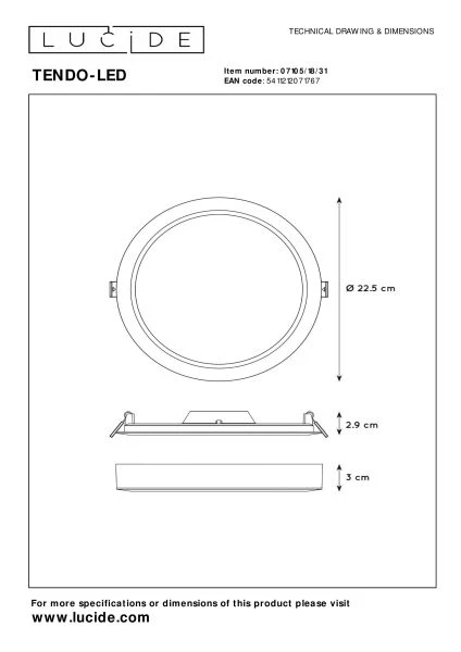 Lucide TENDO-LED - Flush ceiling light - Ø 22 cm - LED - 1x18W 3000K - White - technical